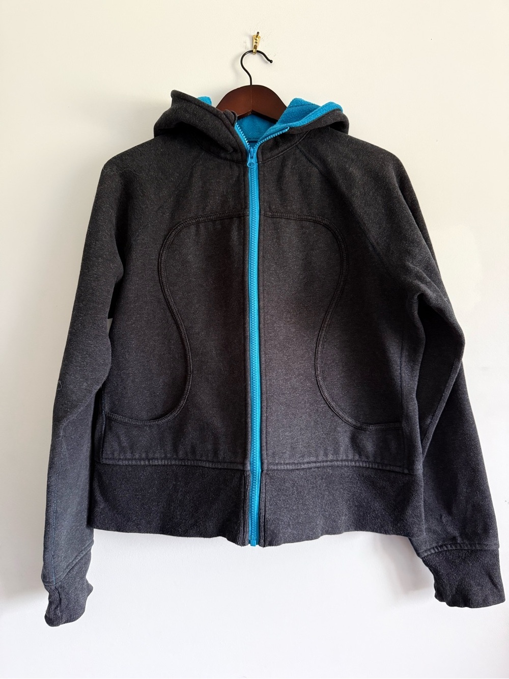 lululemon athletica Charcoal Hooded Jacket with Bright Blue Trim